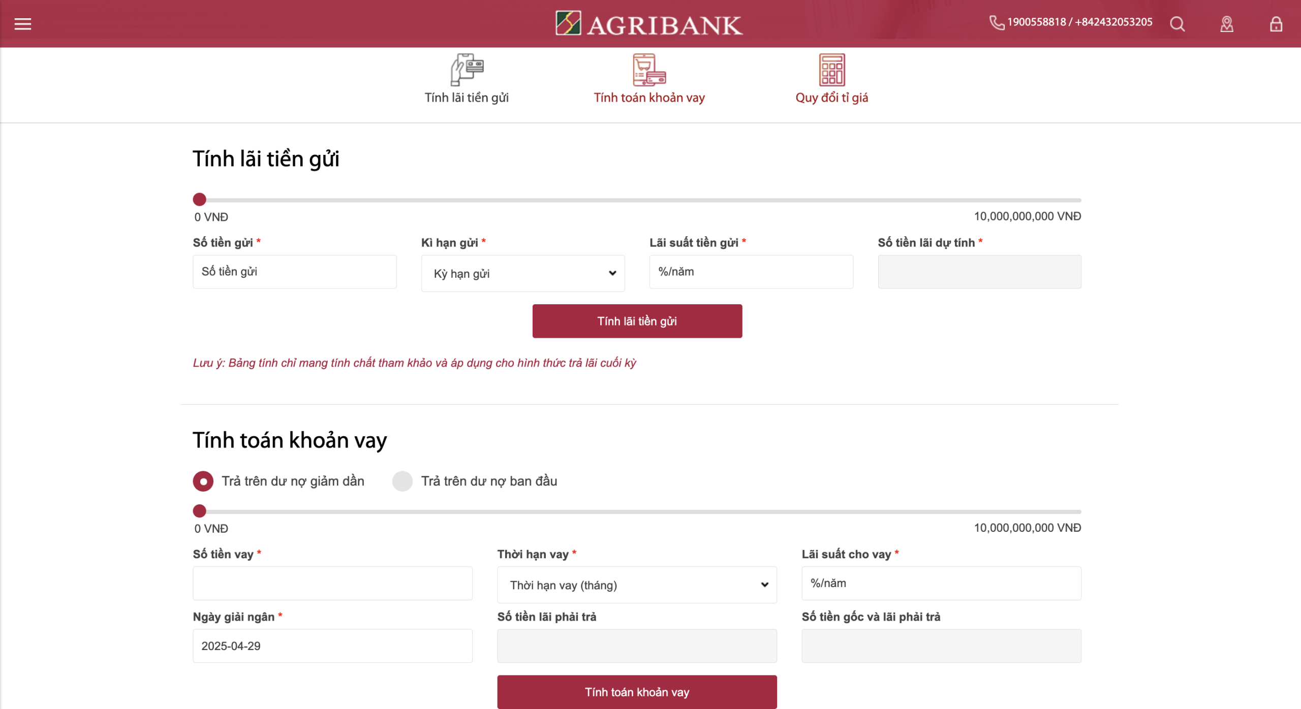 Công cụ tính lãi trực tuyến của Agribank