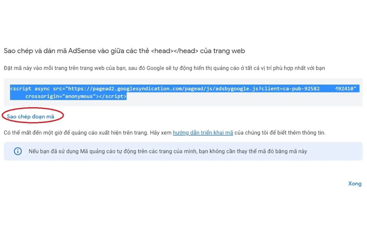 Copy dòng HTML và dán vào đoạn <head> của blog cá nhân 