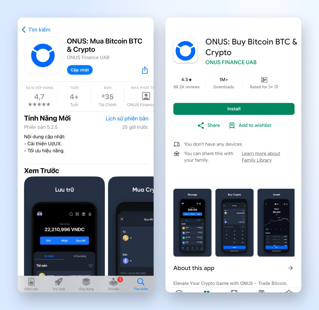ONUS có mặt trên cả App Store và Google Play