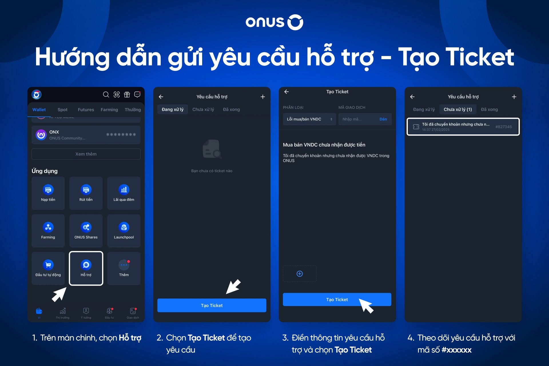 Minh hoạ các bước yêu cầu hỗ trợ tạo Ticket tại ONUS