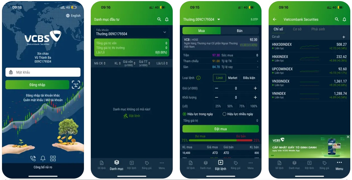 giao diện app VCBS - top 10 sàn giao dịch chứng khoán việt nam