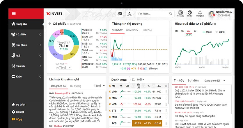 giao diện web TCBS - top 10 sàn giao dịch chứng khoán việt nam